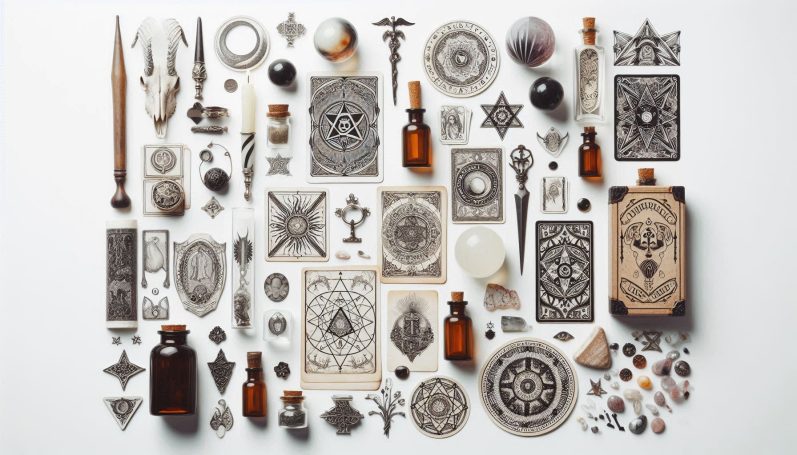 Nouveautés a venir Objets divers vintages et mystiques sur fond clair, incluant flacons et illustrations.